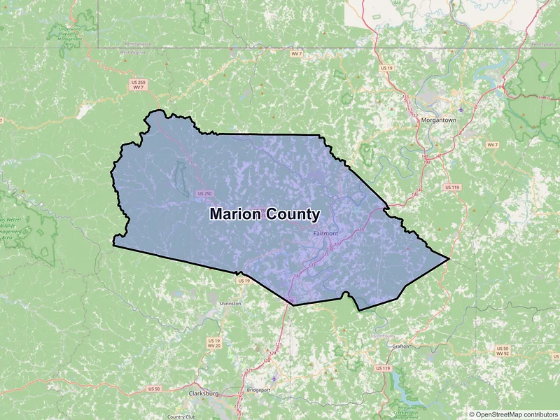 Map of Marion County, West Virginia and ZIP codes