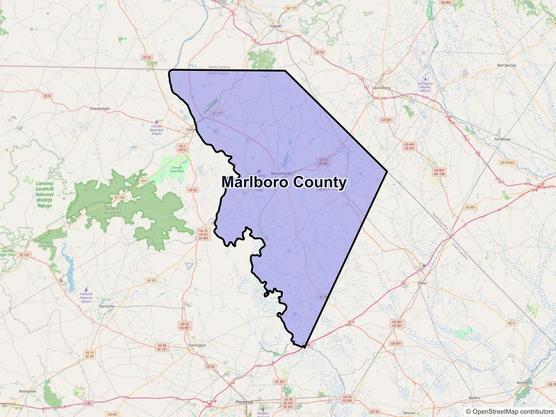 Map of Marlboro County, South Carolina and ZIP codes