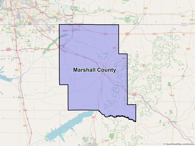 Map of Marshall County, Mississippi and ZIP codes