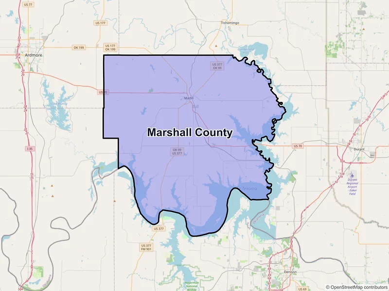 Map of Marshall County, Oklahoma and ZIP codes
