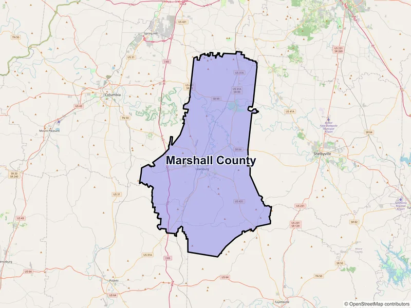Map of Marshall County, Tennessee and ZIP codes