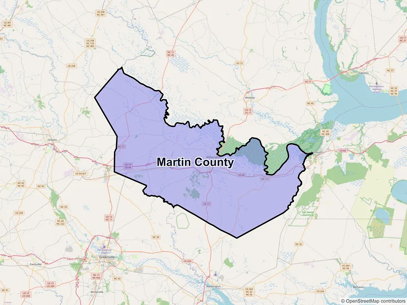 Map of Martin County, North Carolina and ZIP codes