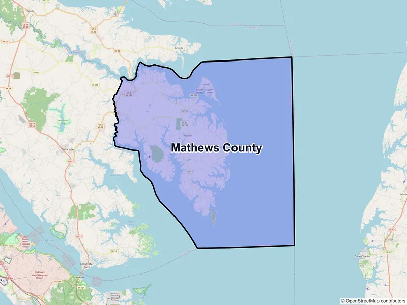 Map of Mathews County, Virginia and ZIP codes