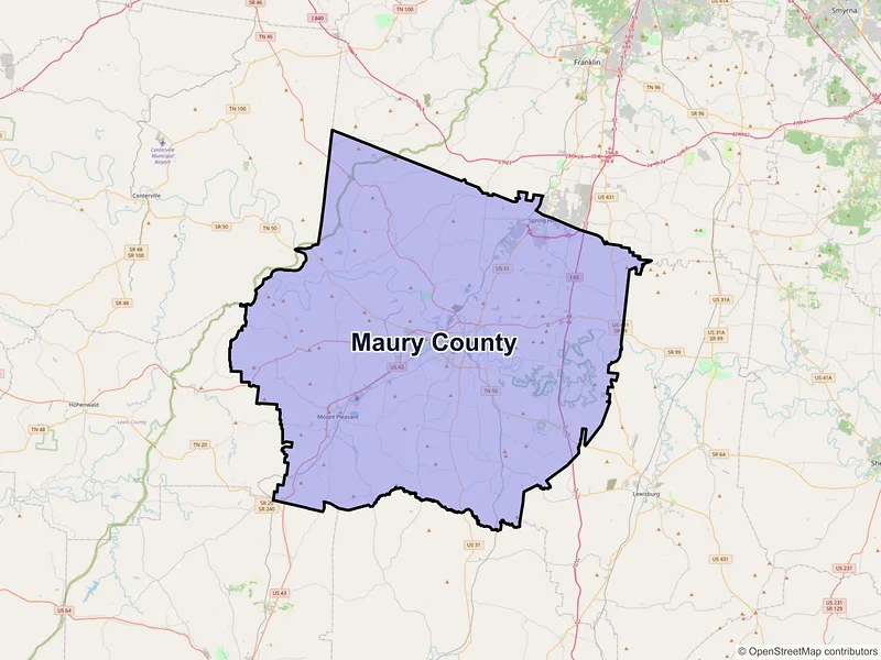 Map of Maury County, Tennessee and ZIP codes