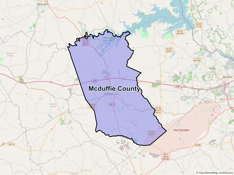Map of McDuffie County, Georgia and ZIP codes
