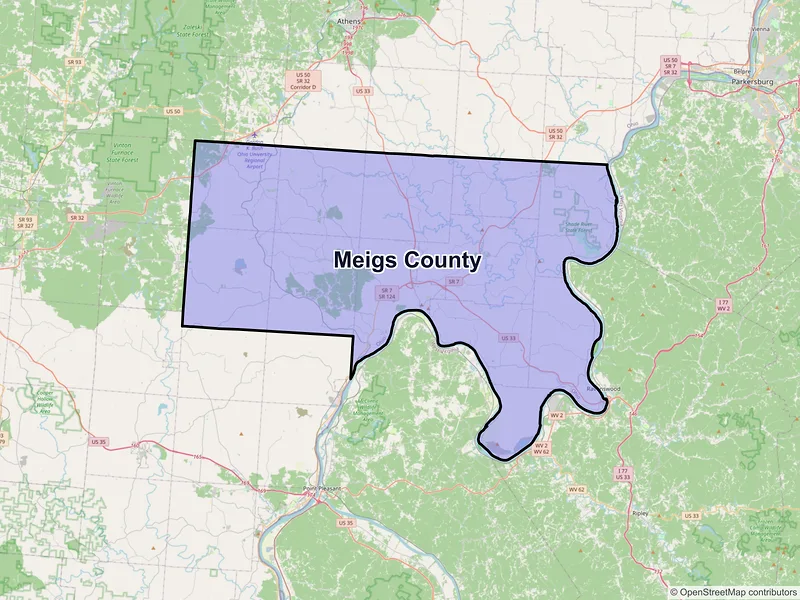 Map of Meigs County, Ohio and ZIP codes