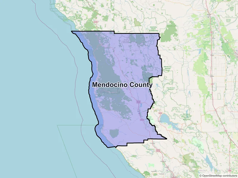 Map of Mendocino County, California and ZIP codes