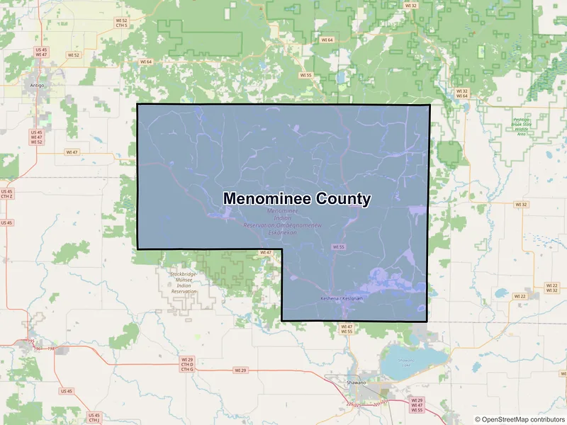 Map of Menominee County, Wisconsin and ZIP codes
