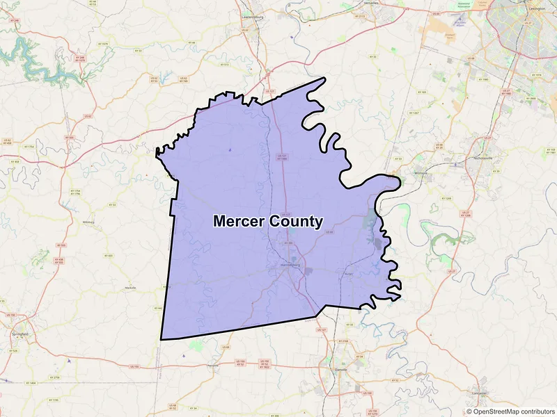 Map of Mercer County, Kentucky and ZIP codes