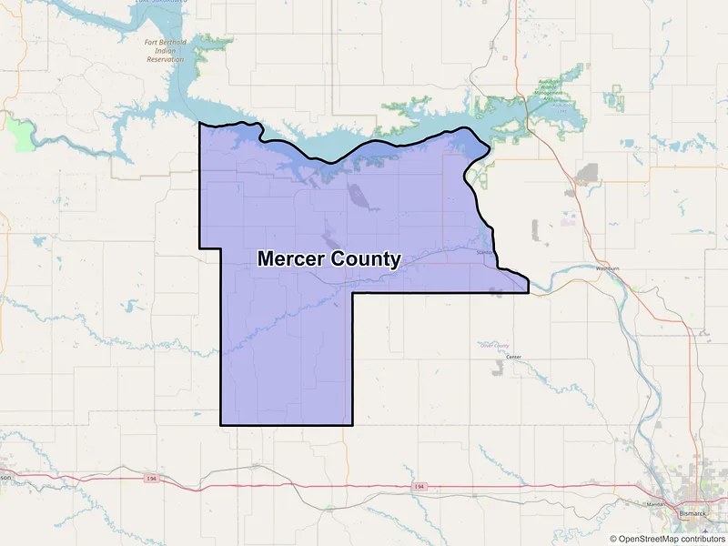 Map of Mercer County, North Dakota and ZIP codes