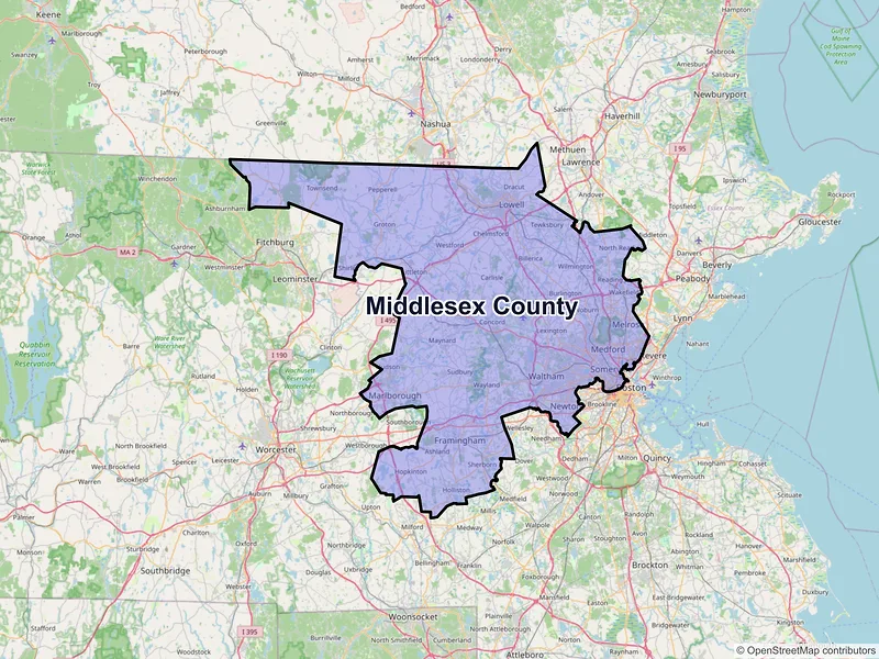 Map of Middlesex County, Massachusetts and ZIP codes