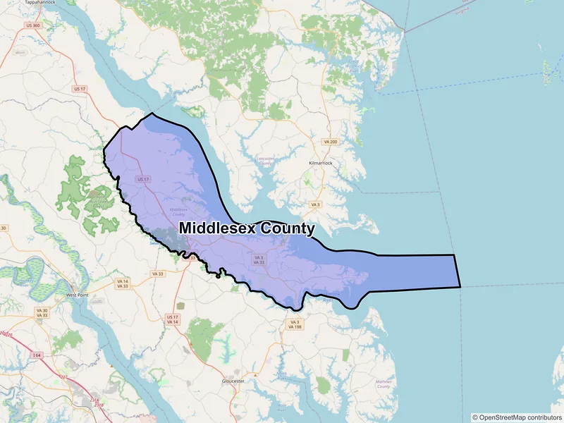 Map of Middlesex County, Virginia and ZIP codes
