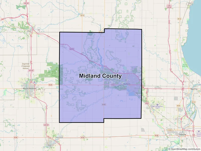 Map of Midland County, Michigan and ZIP codes