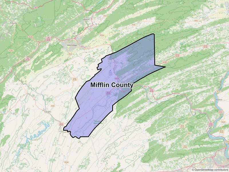 Map of Mifflin County, Pennsylvania and ZIP codes