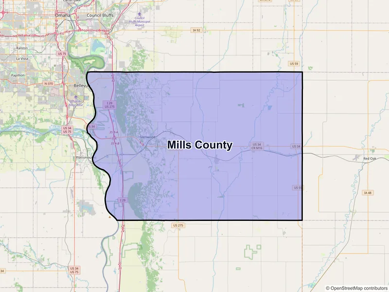 Map of Mills County, Iowa and ZIP codes