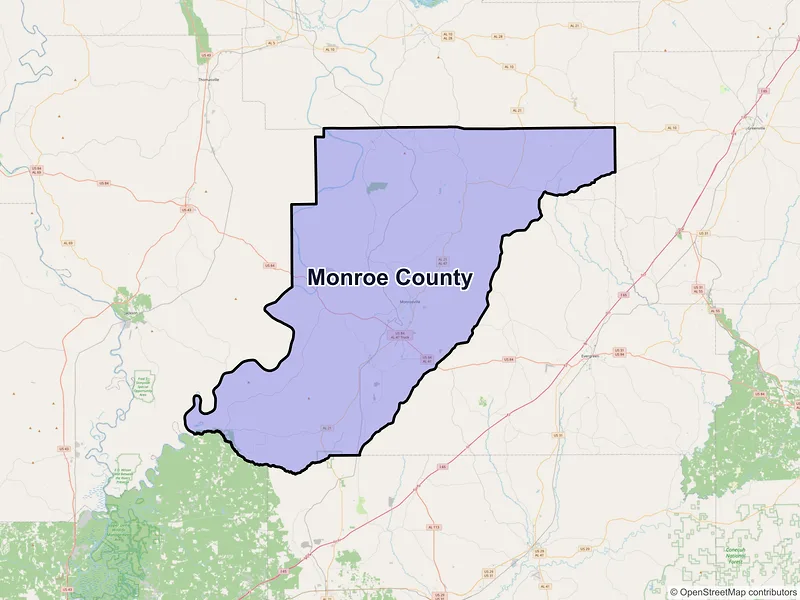 Map of Monroe County, Alabama and ZIP codes