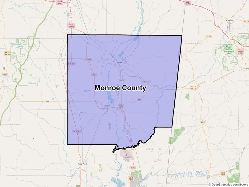 Map of Monroe County, Mississippi and ZIP codes