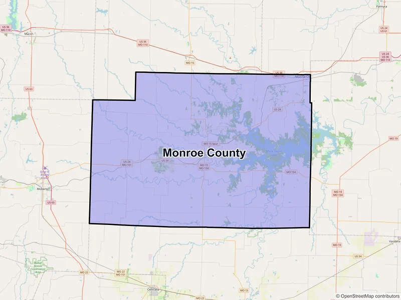 Map of Monroe County, Missouri and ZIP codes