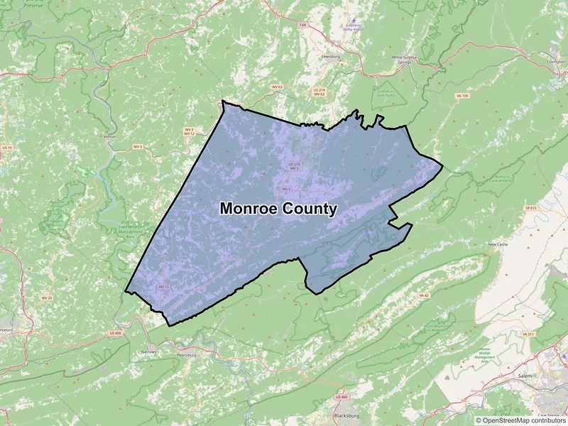 Map of Monroe County, West Virginia and ZIP codes