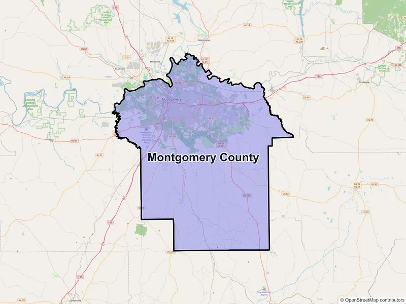 Map of Montgomery County, Alabama and ZIP codes