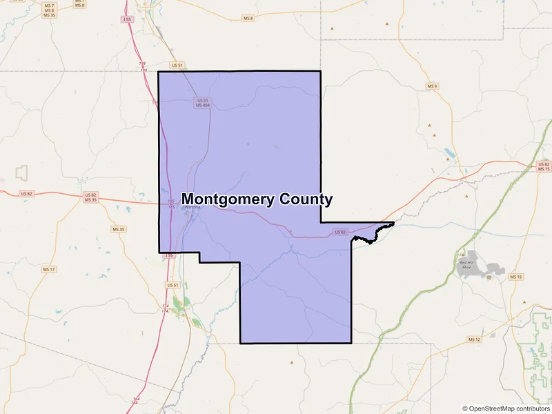 Map of Montgomery County, Mississippi and ZIP codes