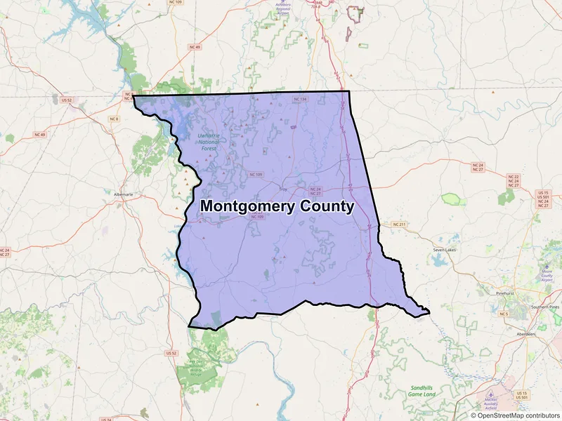 Map of Montgomery County, North Carolina and ZIP codes