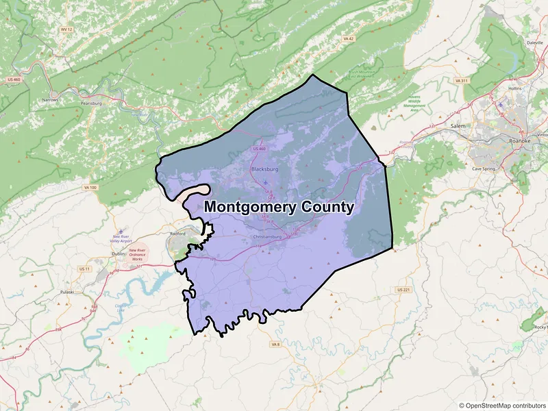 Map of Montgomery County, Virginia and ZIP codes