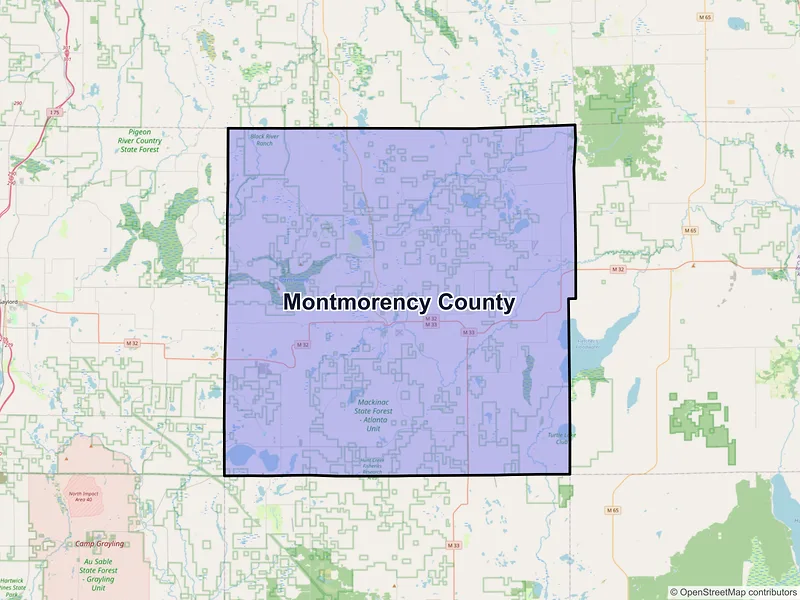 Map of Montmorency County, Michigan and ZIP codes