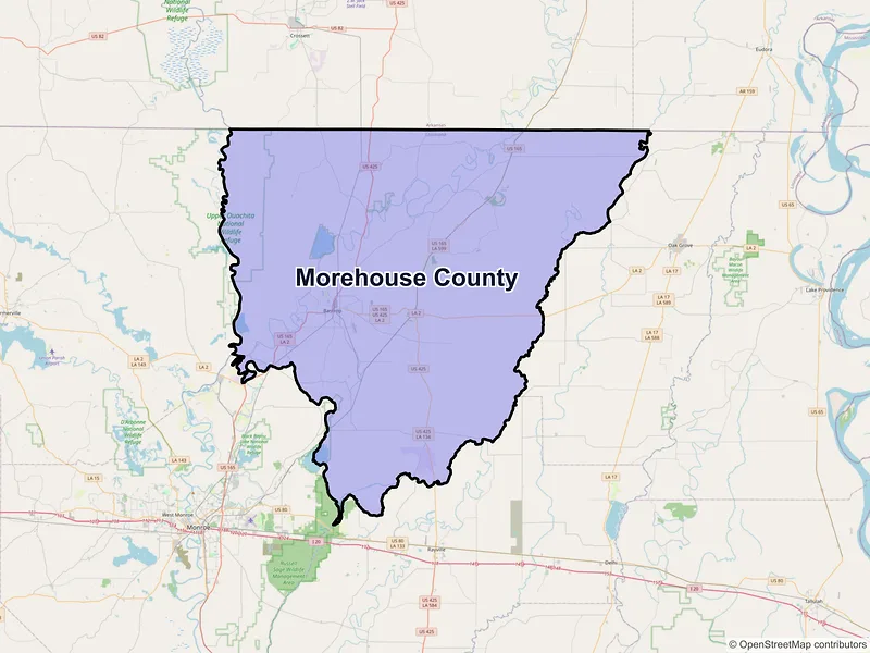 Map of Morehouse County, Louisiana and ZIP codes