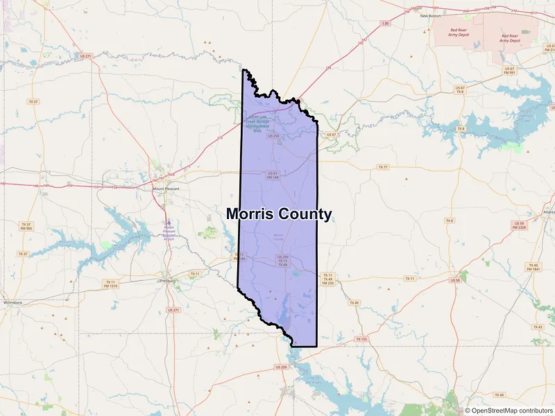 Map of Morris County, Texas and ZIP codes