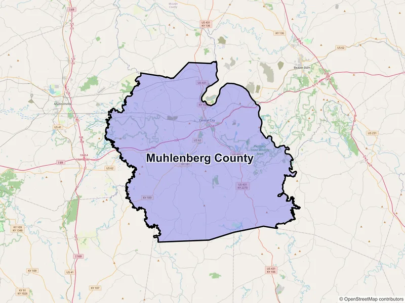 Map of Muhlenberg County, Kentucky and ZIP codes