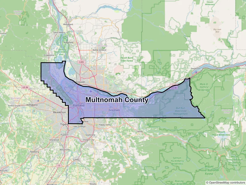 Map of Multnomah County, Oregon and ZIP codes
