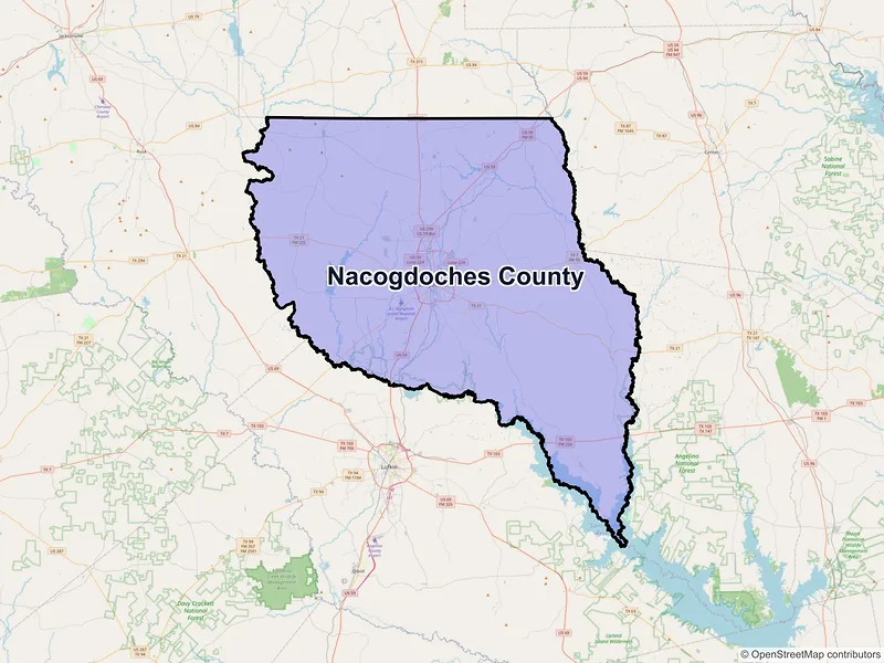 Map of Nacogdoches County, Texas and ZIP codes