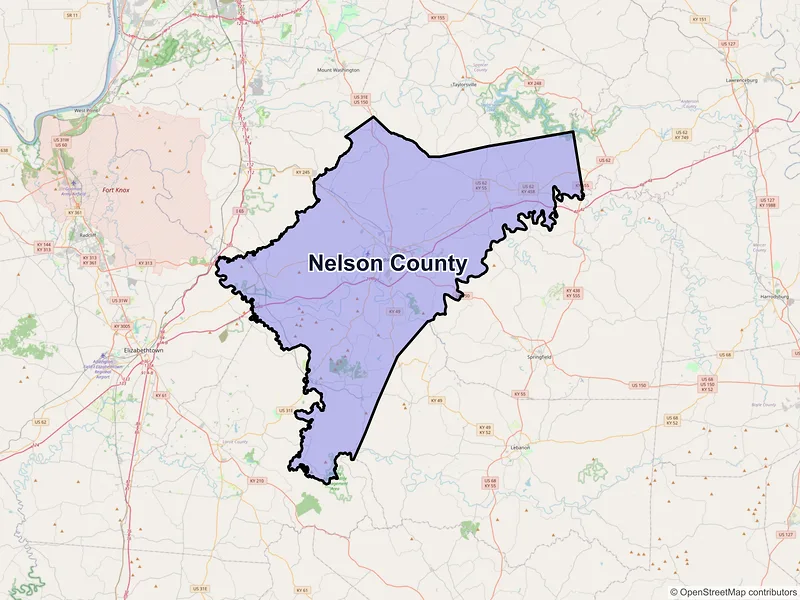 Map of Nelson County, Kentucky and ZIP codes