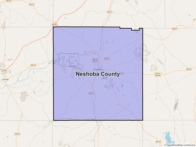 Map of Neshoba County, Mississippi and ZIP codes