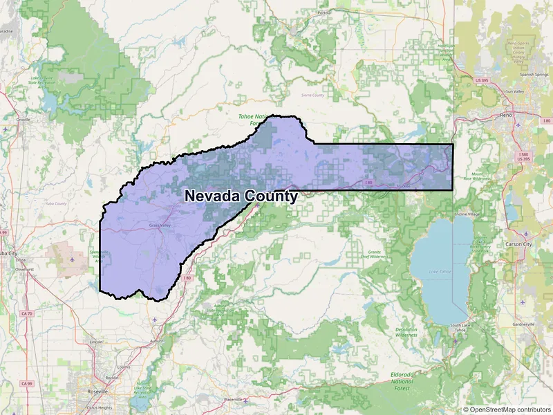 Map of Nevada County, California and ZIP codes