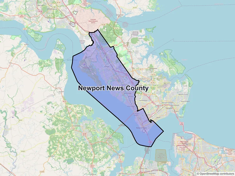 Map of Newport News County, Virginia and ZIP codes