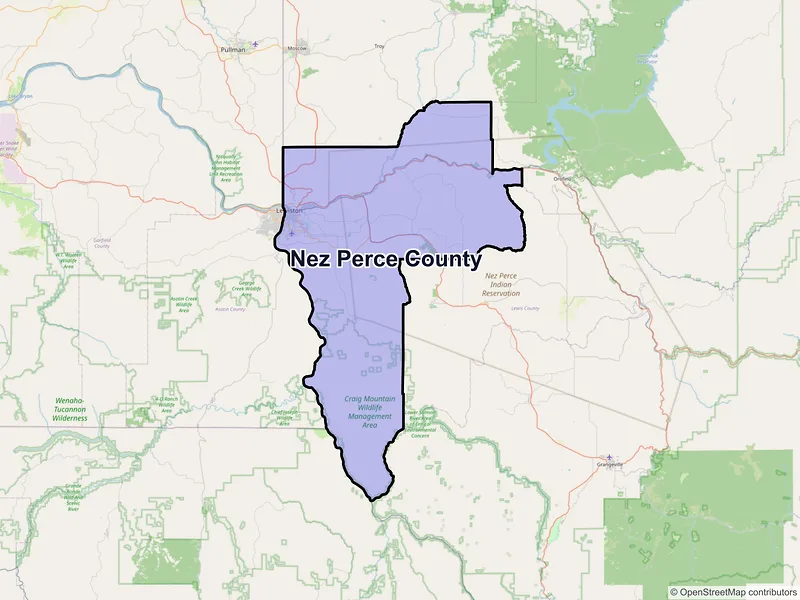 Map of Nez Perce County, Idaho and ZIP codes