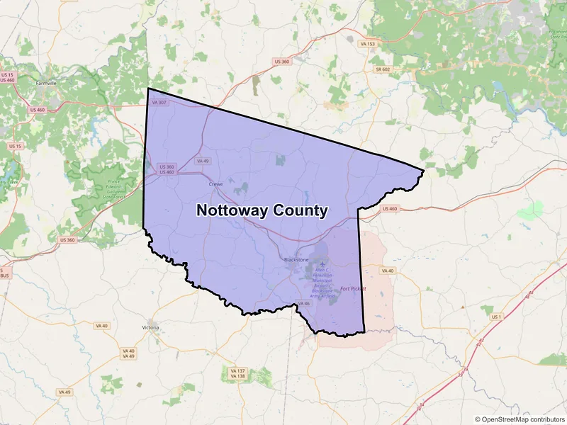 Map of Nottoway County, Virginia and ZIP codes