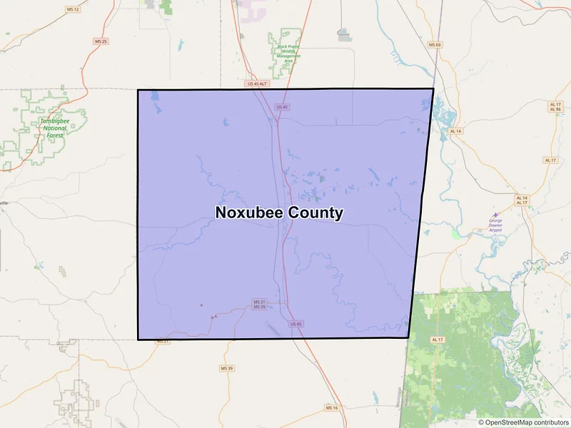 Map of Noxubee County, Mississippi and ZIP codes