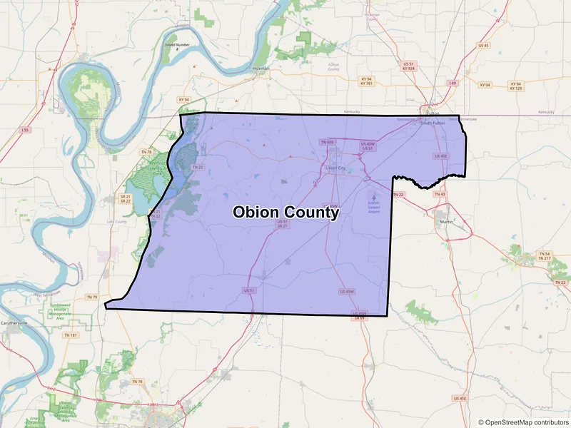 Map of Obion County, Tennessee and ZIP codes