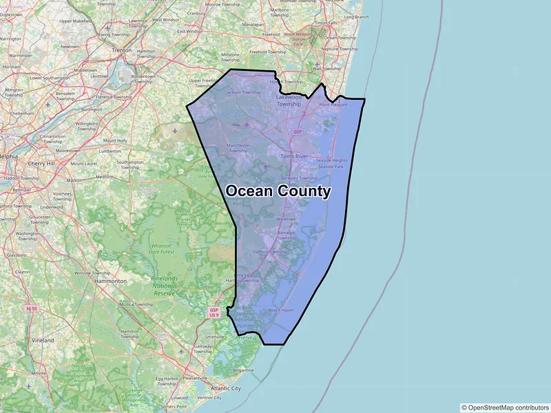 Map of Ocean County, New Jersey and ZIP codes