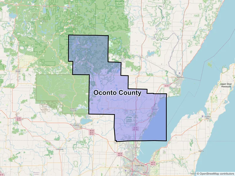 Map of Oconto County, Wisconsin and ZIP codes