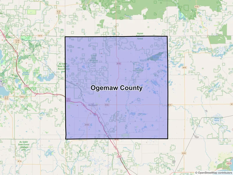 Map of Ogemaw County, Michigan and ZIP codes