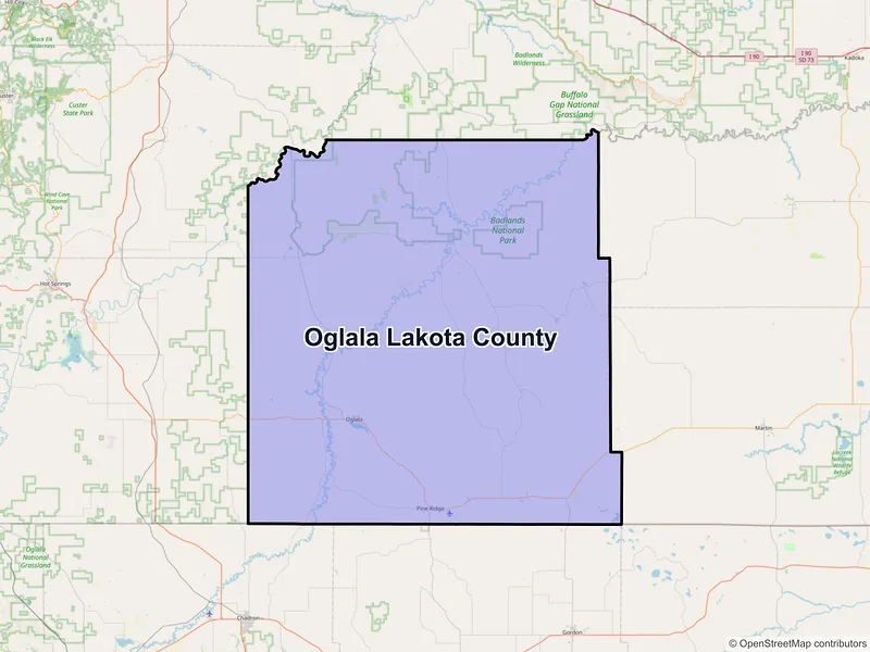 Map of Oglala Lakota County, South Dakota and ZIP codes