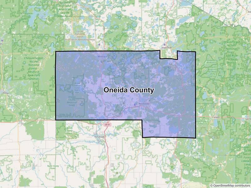 Map of Oneida County, Wisconsin and ZIP codes