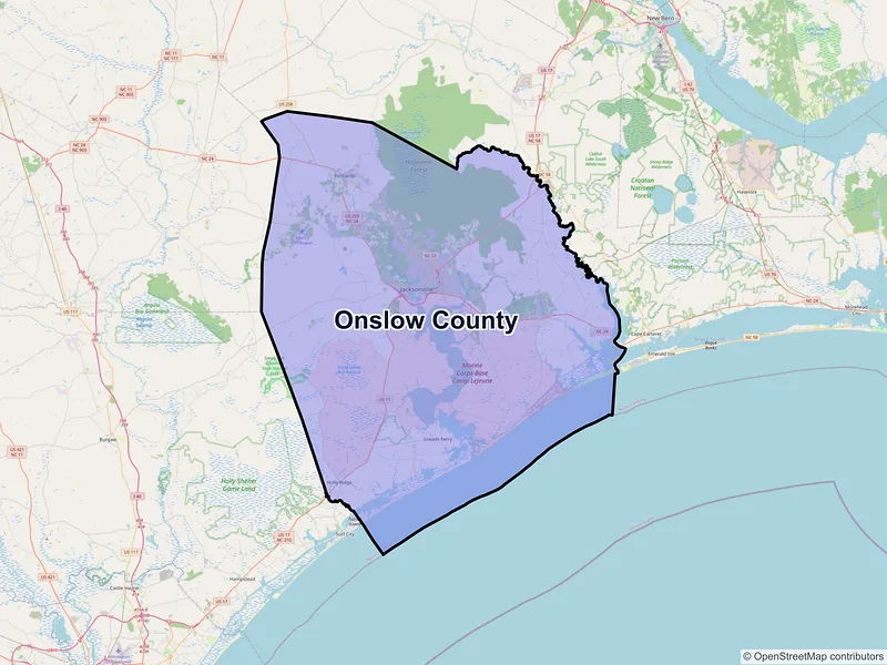 Map of Onslow County, North Carolina and ZIP codes