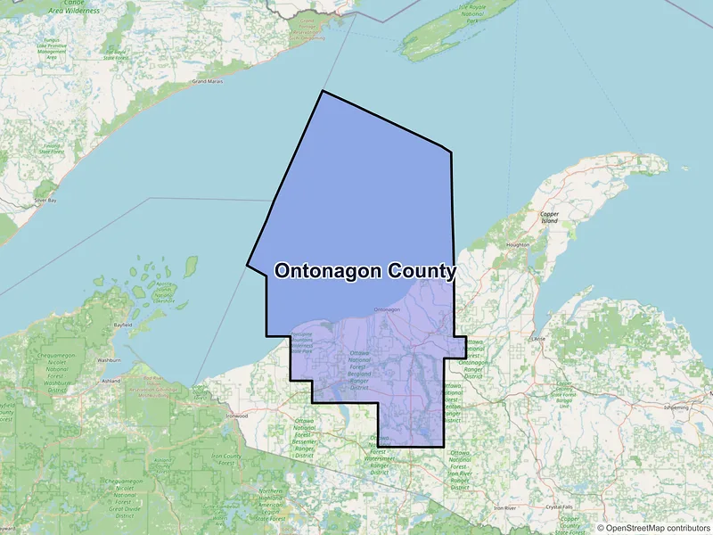Map of Ontonagon County, Michigan and ZIP codes