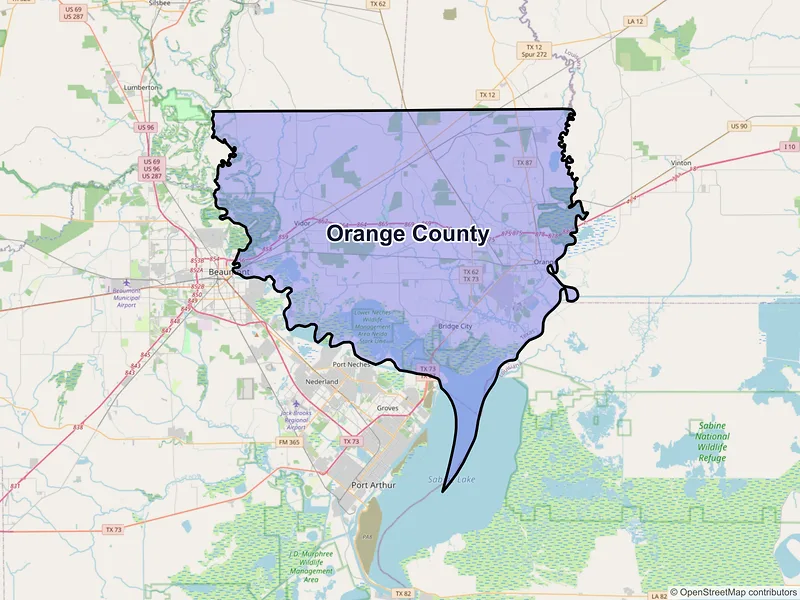 Map of Orange County, Texas and ZIP codes
