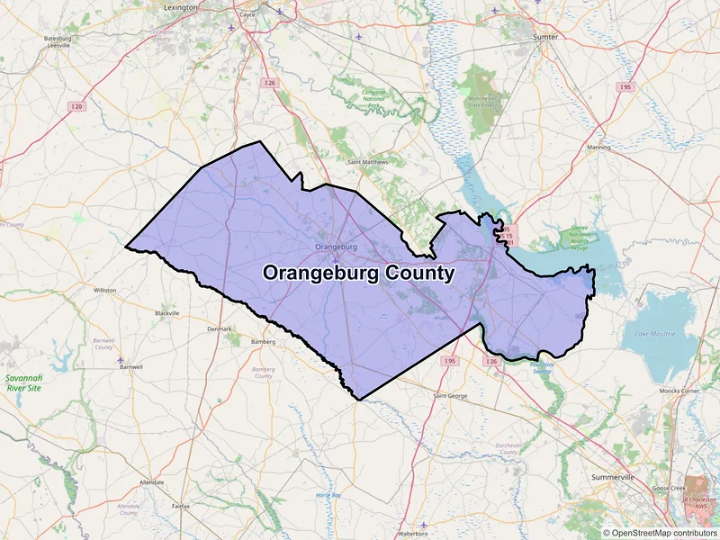 Map of Orangeburg County, South Carolina and ZIP codes